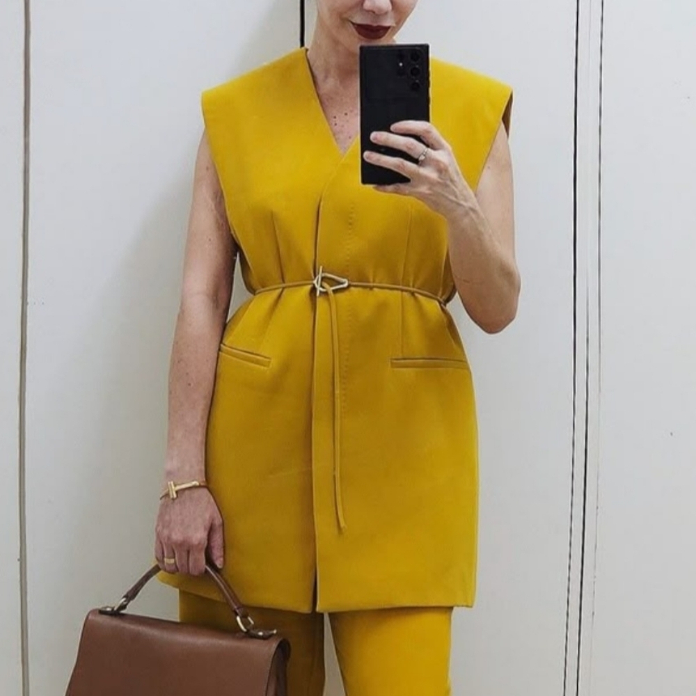Zara Sleeveless V-Neck Mustard Dress with Waist Tie - Picture 5 of 10